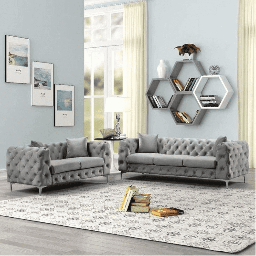 Dollo Chesterfield Suede Tufted Sofa Set - Oak Inside