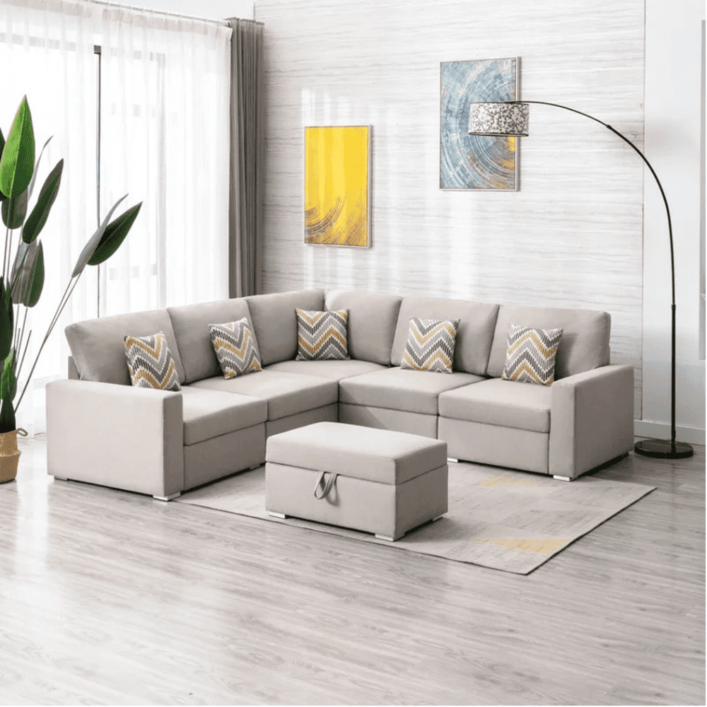 Nollon Linen Fabric Sectional Sofa with Pillows and Storage Ottoman - Oak Inside