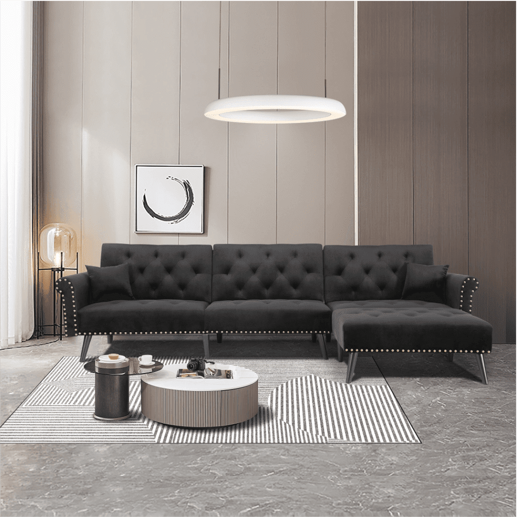 Tufted back Suede Chesterfield Sectional Sofa - Oak Inside