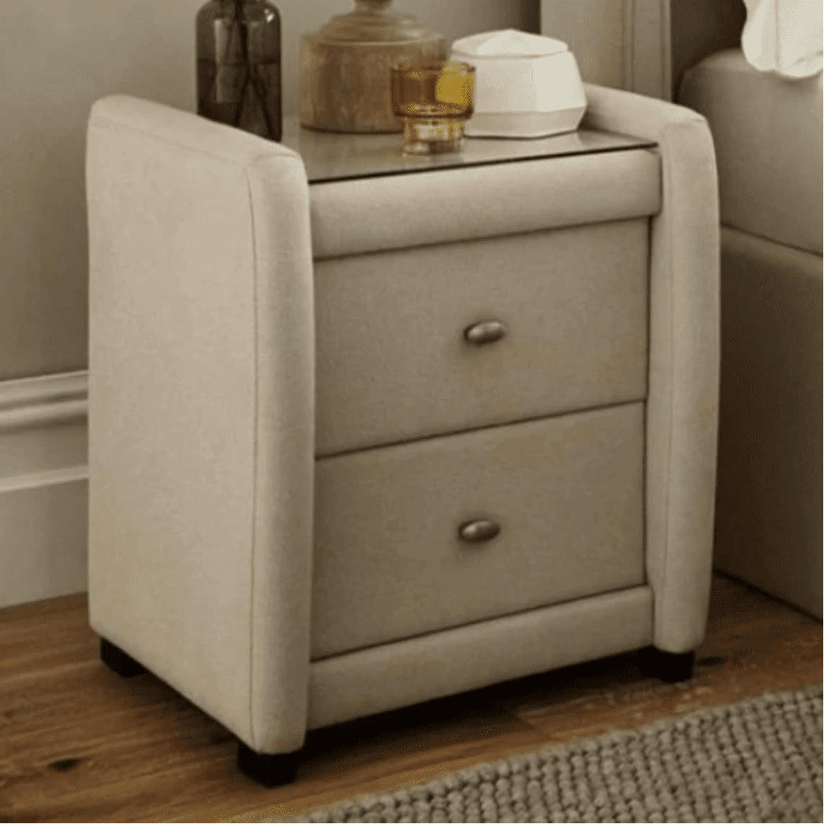 Superb Side Table in Fabric with Glass - Oak Inside