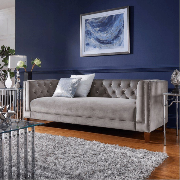 Silver Orchid Jewel-tuft Grey Suede Seating with Nailhead - Oak Inside