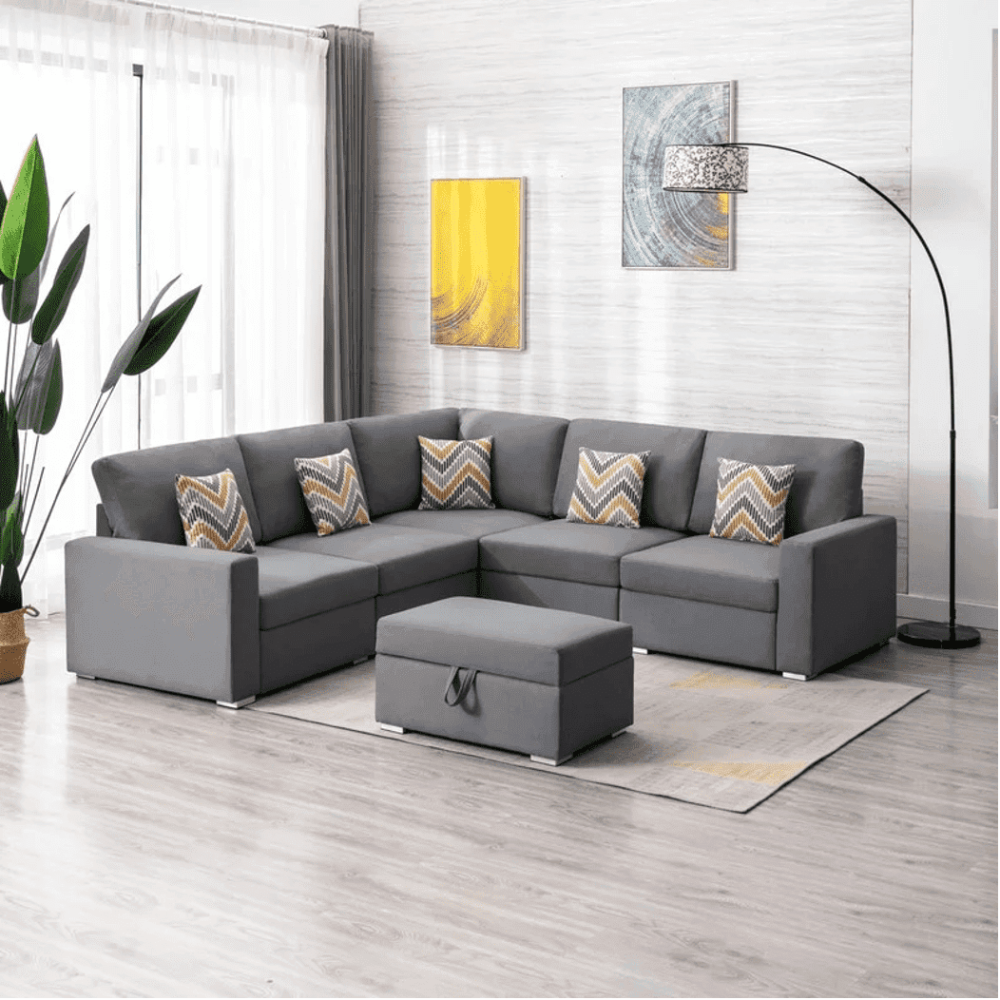 Nollon Linen Fabric Sectional Sofa with Pillows and Storage Ottoman - Oak Inside