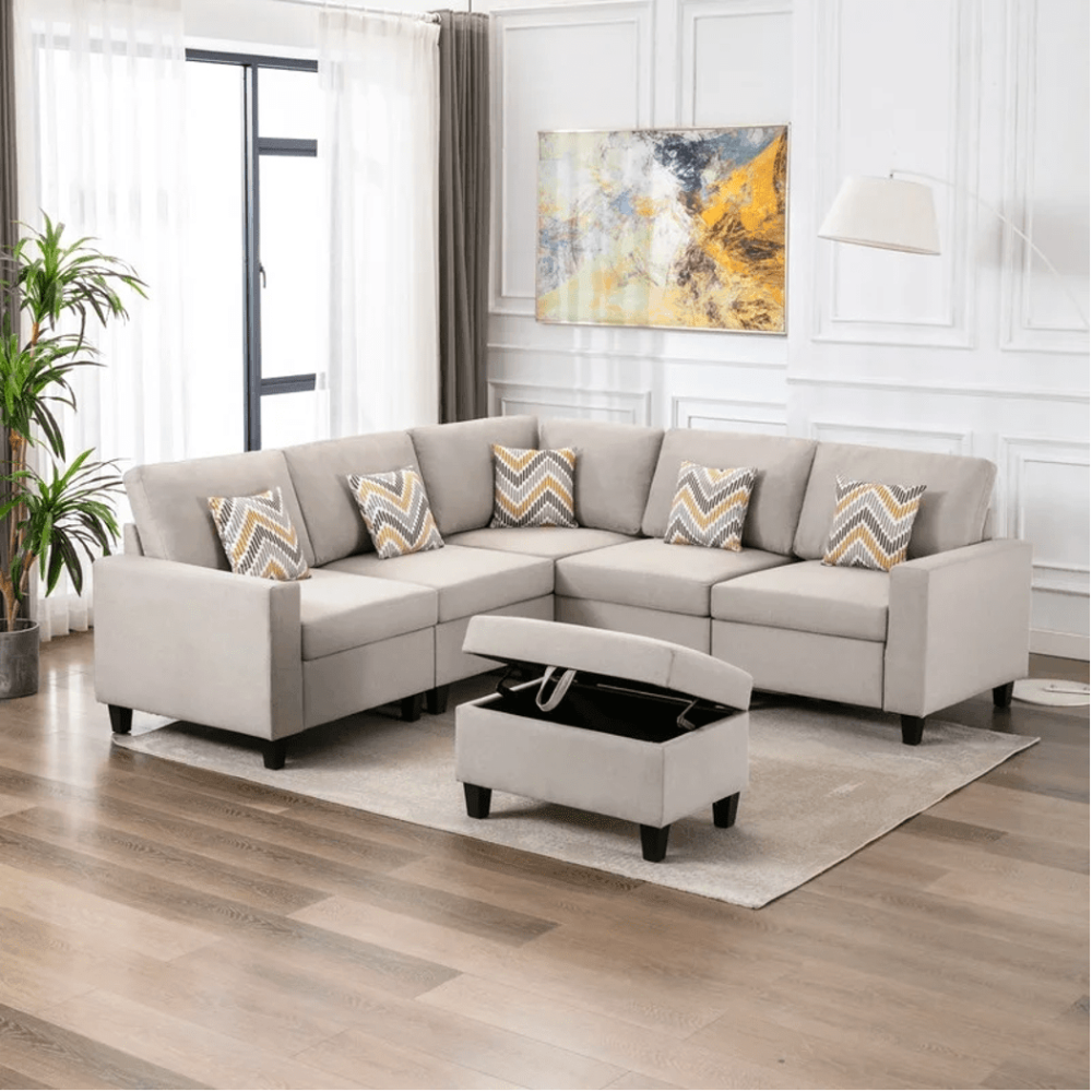 Nollon Linen Fabric Sectional Sofa with Pillows and Storage Ottoman - Oak Inside