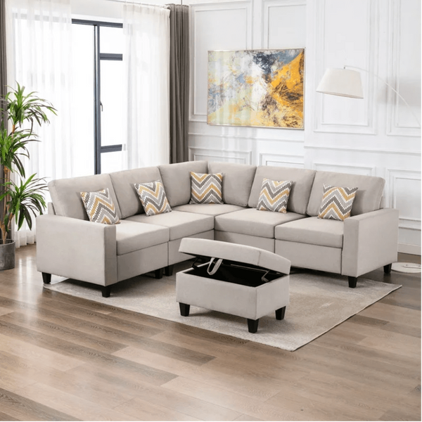 Nollon Linen Fabric Sectional Sofa with Pillows and Storage Ottoman - Oak Inside