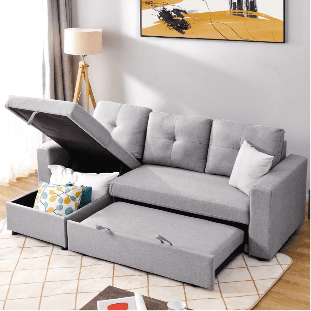 Roxy L-Shaped Sectional Storage Sofa Cum Bed - Oak Inside