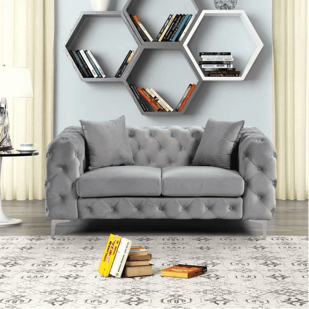 Dollo Chesterfield Suede Tufted Sofa Set - Oak Inside