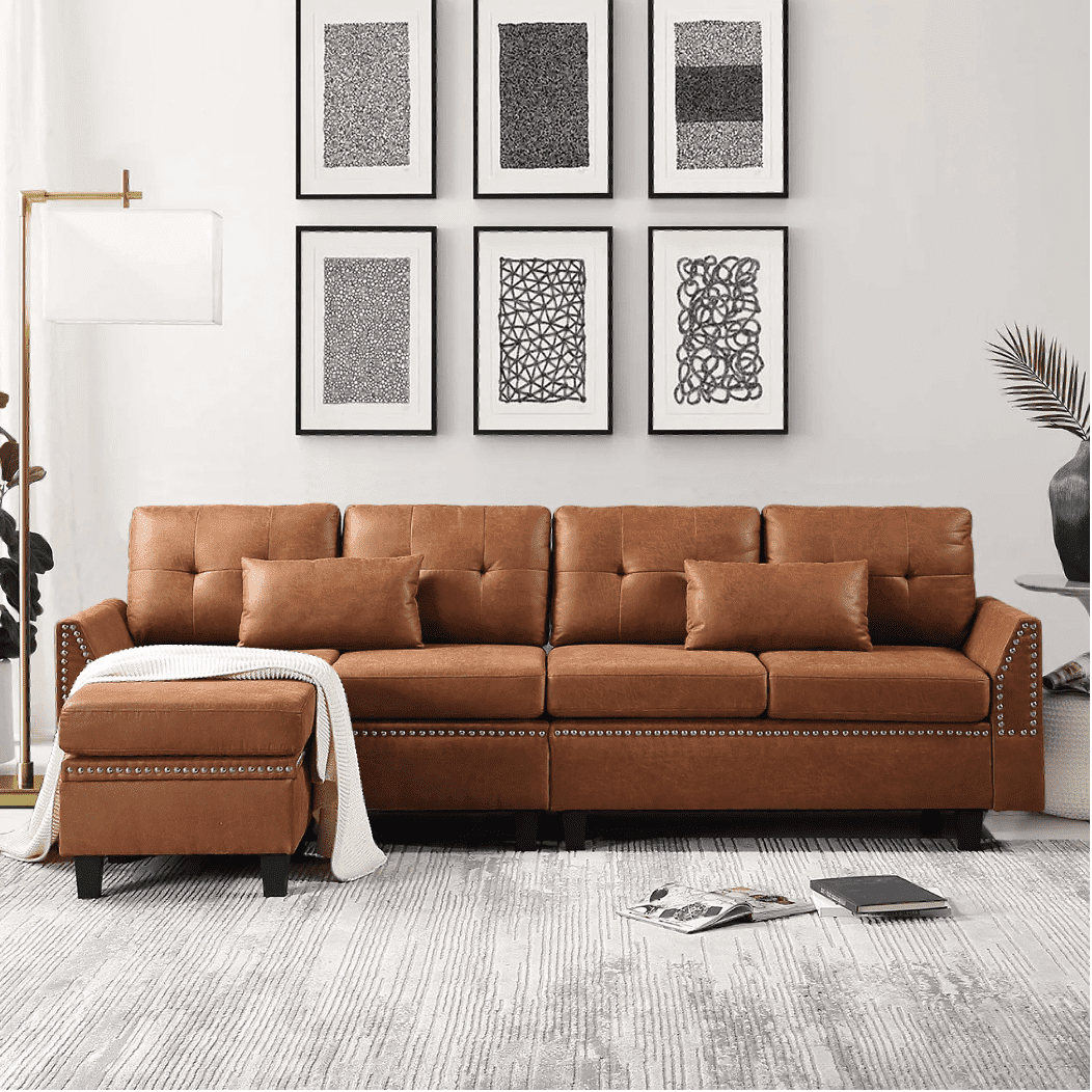 Viatol High Back Couch Mid-century Suede Leather Wood Legs Chaise Sofa - Oak Inside