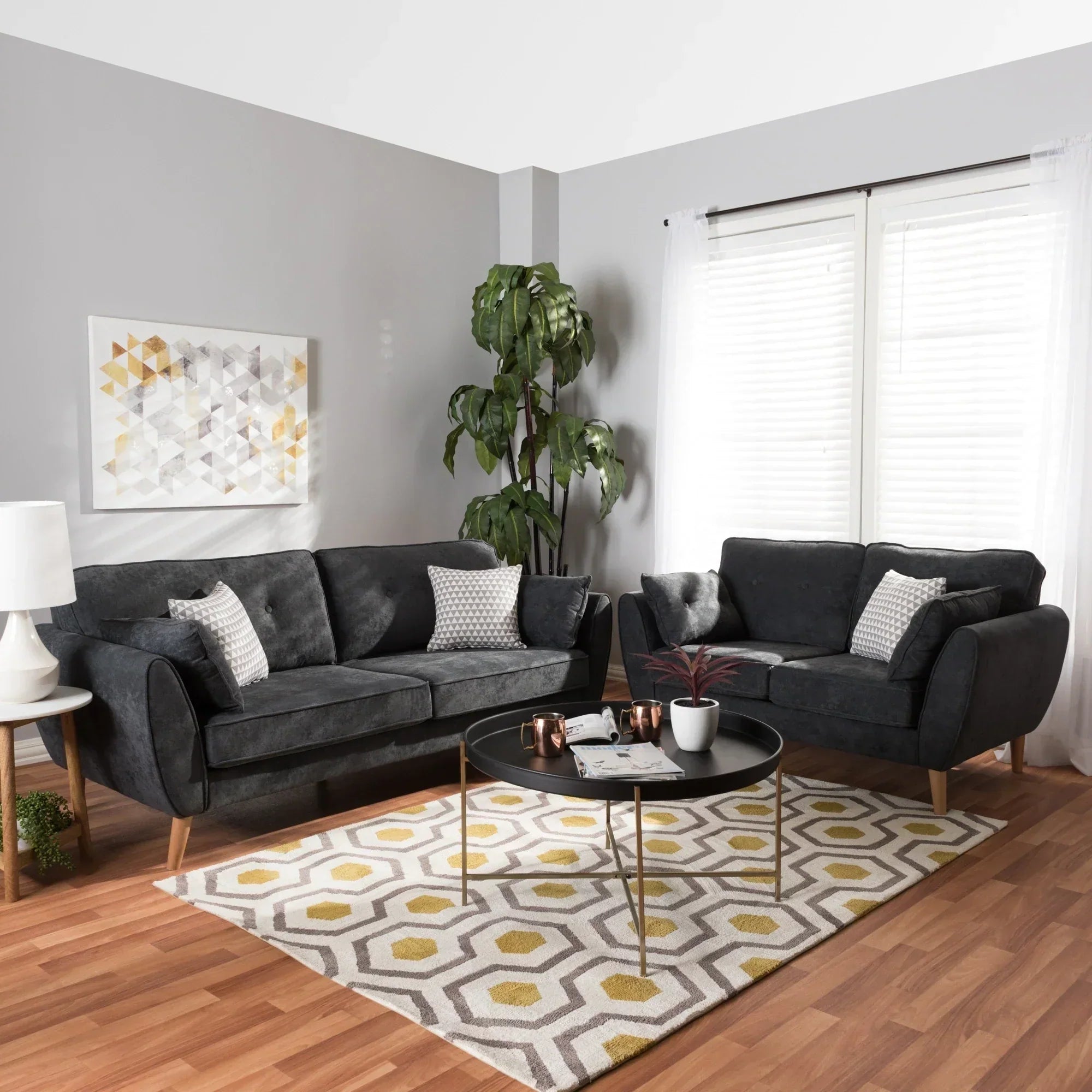 Baxton Straight Line Sofa Set in Suede - Oak Inside