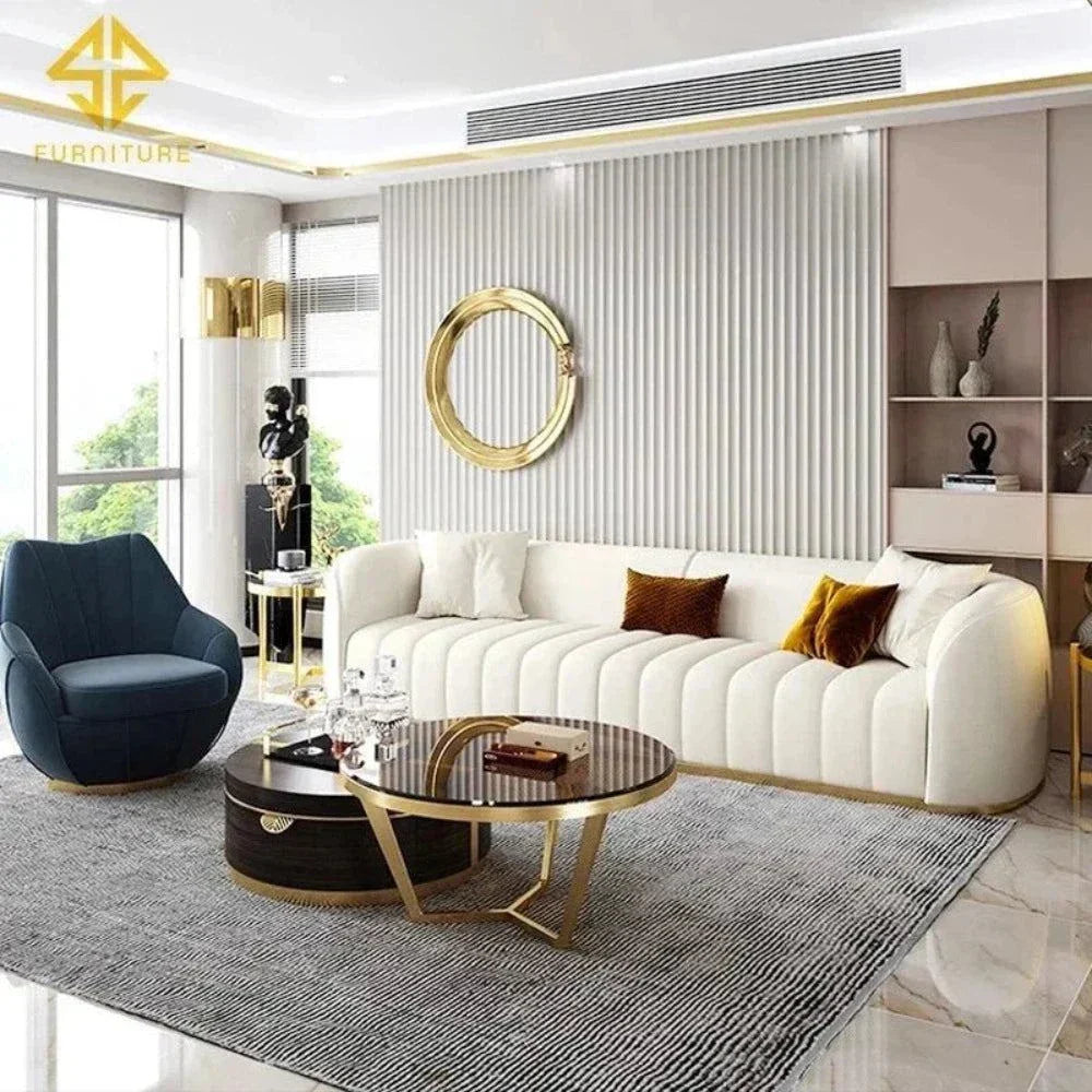 Western Luxury Modern Suede Sofa Set in Off White - Oak Inside