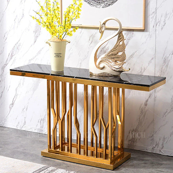 Uniline Golden Console Table - Stainless Steel - Oak Inside