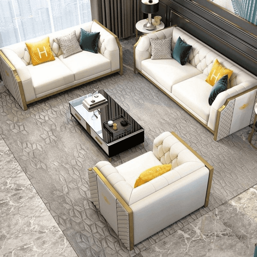 Bentley Luxury Chesterfield Sofa Set In Off White - Oak Inside