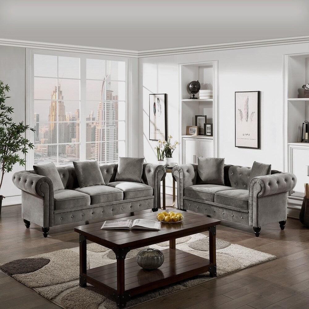 Cosmo Line Chesterfield Sofa Set in Grey - Oak Inside