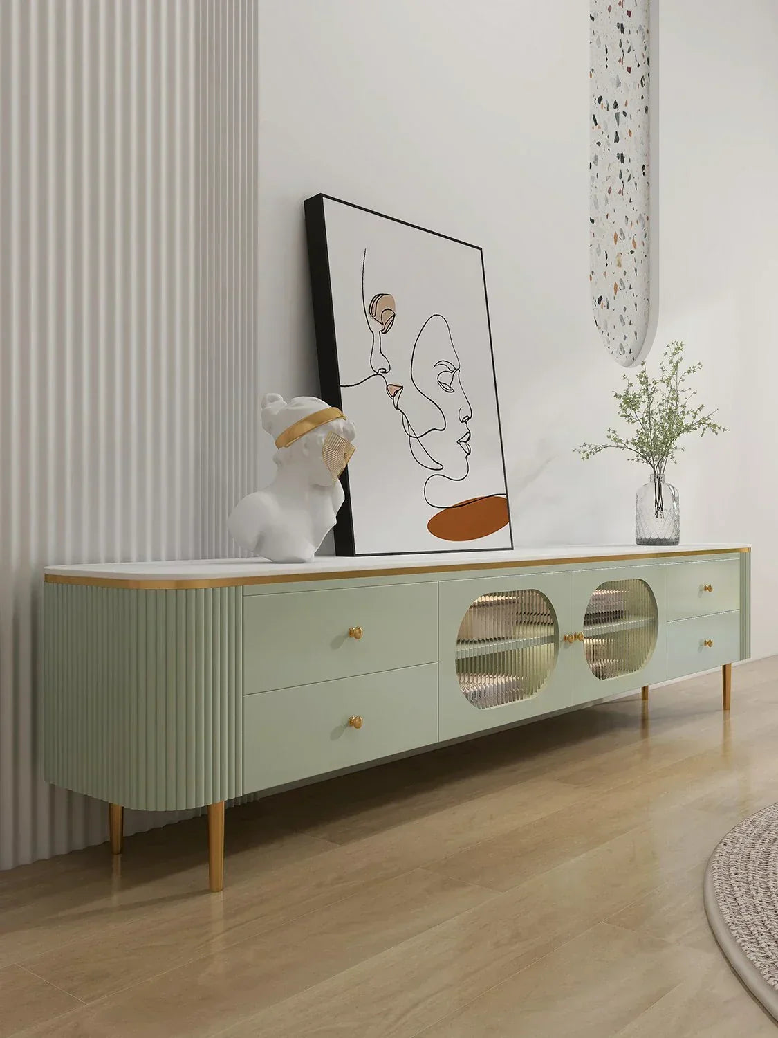 Texo Luxury TV Unit in Green - Oak Inside