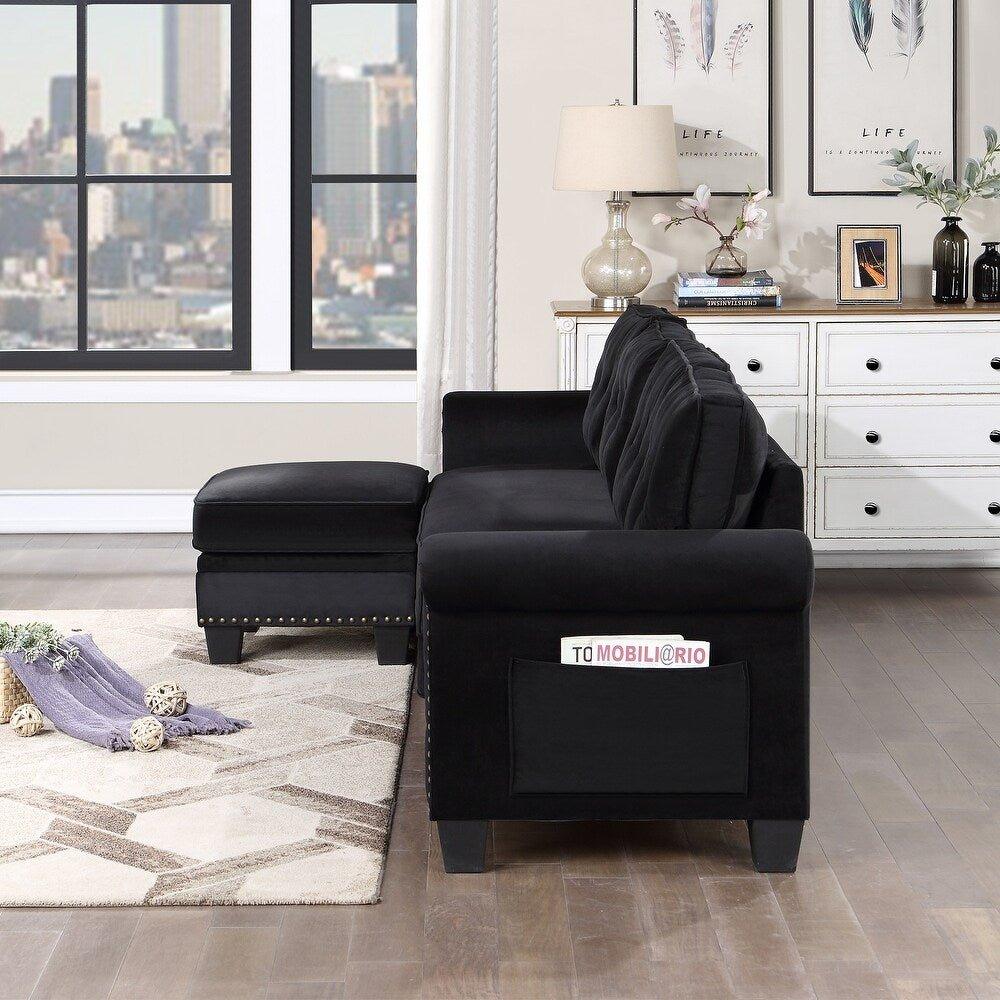 Delray Suede Sectional Sofa in Black - Oak Inside